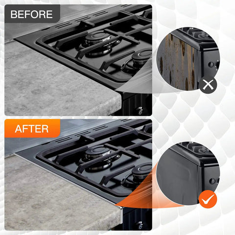 Before and after using Stove Gap Covers 25.6 Inches Long And 0.4 Inch Wide With Aluminum Heat Resistant And Easy To Clean Left And Right 2 Pack Silver Oven Gap Filler Range Trim Kit For Kitchen Counter Gaps, showing clean and protected kitchen gap.
