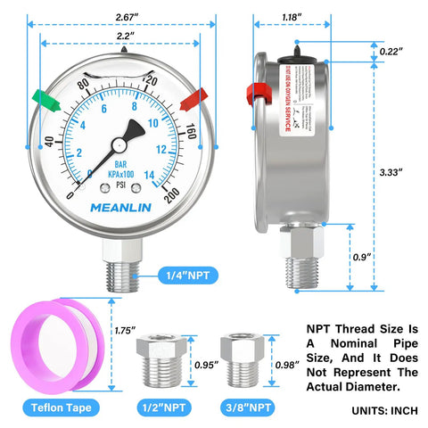 Stainless Steel Liquid Filled Pressure Gauge With 2.5 Inch Dial 0 To 200 PSI One Quarter Inch NPT Lower Mount Heavy Duty