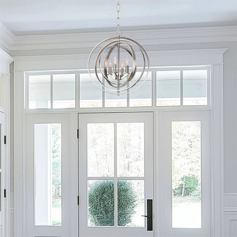 Open Globe Chandelier 21 Inch 4-Light Modern Sphere Orb Pendant In Brushed Nickel Finish for entryway with rotating rings