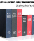 Multiple hidden book safes with combination lock in black, navy, and red. Illustrated dictionary covers for home or office use.