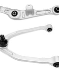Complete Front Suspension Kit for 2003 to 2009 Infiniti G35 Coupe and Nissan 350Z showing control arms in silver metal.