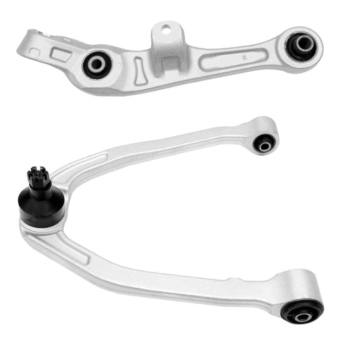 Complete Front Suspension Kit for 2003 to 2009 Infiniti G35 Coupe and Nissan 350Z showing control arms in silver metal.