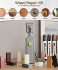 No Hassle Wood Floor And Furniture Repair Kit With Heat Acting Wax Pen Plus Eleven Rich Match Shades displaying repair tools and wax bars.