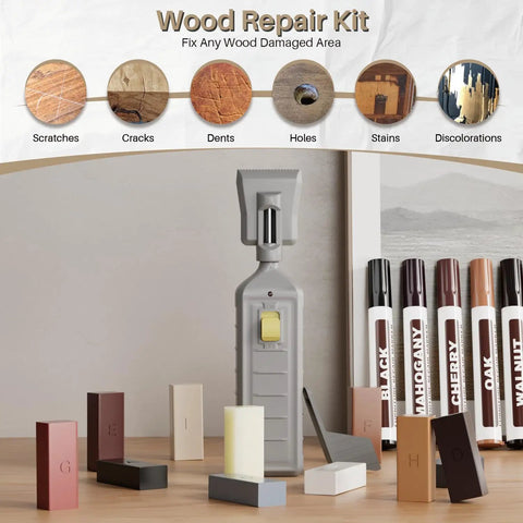 No Hassle Wood Floor And Furniture Repair Kit With Heat Acting Wax Pen Plus Eleven Rich Match Shades displaying repair tools and wax bars.