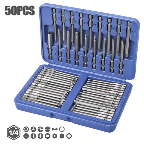 Open blue case showing 50 Piece Screwdriver Bit Set With Case And Extra Long Magnetic Driver Kit For Drill And Screwdriver.