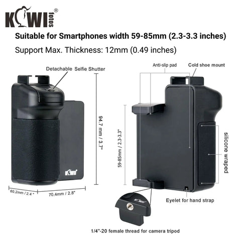 Compact Phone Camera Grip Handle With Tripod Mount Remote Shutter And Cold Shoe Adapter dimensions and features diagram