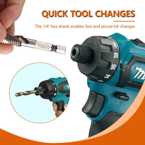 Power tool equipped with Six Piece Combo Tap And Drill Bit Set with Dual Twist Flute and 1/4 inch hex shank displayed in detail.