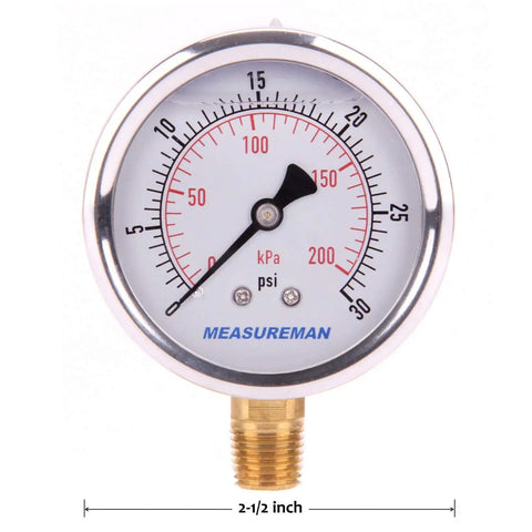 Glycerin Filled Two And A Half Inch Pressure Gauge Dual Scale 0 To 30 Psi And KPa 304 Stainless Steel Case One Quarter Inch NPT Lower Mount