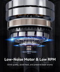 Close-up of a Professional 64mm Flat Burr Coffee Grinder With 100 Grind Settings All Metal Stainless Steel Body, motor view.