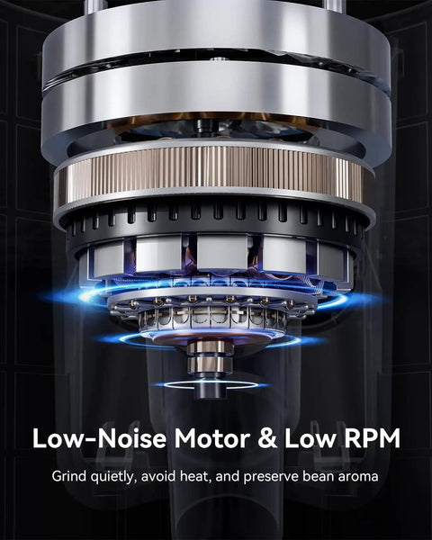 Close-up of a Professional 64mm Flat Burr Coffee Grinder With 100 Grind Settings All Metal Stainless Steel Body, motor view.