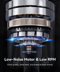 Premium 64Mm Titanium Flat Burr Coffee Grinder With 100 Precision Settings Low-noise motor mechanism close-up.