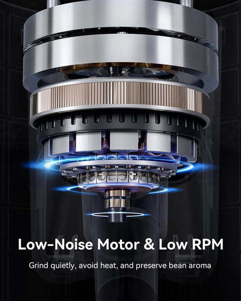 Premium 64Mm Titanium Flat Burr Coffee Grinder With 100 Precision Settings Low-noise motor mechanism close-up.