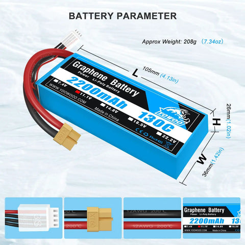 Graphene battery dimensions and specs for Two Pack 3S 2200mAh 11.1V 130C Graphene LiPo Battery With XT60 Plug For RC models