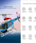 C138Pro 206 Remote Controlled Helicopter For Adults And Beginners with core technical functions icons on white background