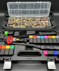 Open case of Pro Grade 16 Inch Rivet Nut Tool Kit with 15 metric and SAE mandrels, 236 assorted rivet nuts, and ergonomic handles.