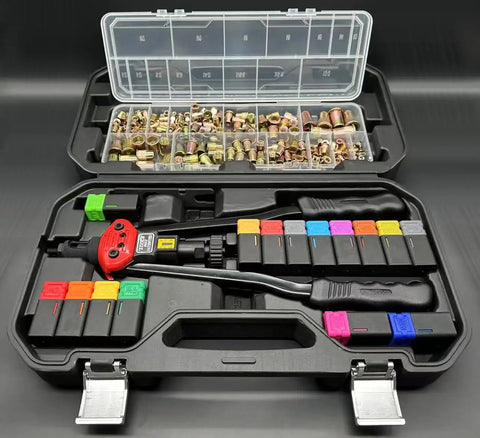 Open case of Pro Grade 16 Inch Rivet Nut Tool Kit with 15 metric and SAE mandrels, 236 assorted rivet nuts, and ergonomic handles.