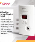 Plug-In Carbon Monoxide Detector With 9V Battery Backup, Digital LED Display, wall-mounted, showing 85 Decibel Alarm features
