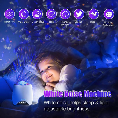 Child smiling while using Star Projector Night Light For Bedroom With Galaxy Ocean Wave Effects, Kids And Teens Ceiling Projector, Music Speaker And White Noise Sound Machine, 8 Scenes And 14 Color Options projecting colors on ceiling.
