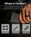 Man holding Slim RFID Blocking Metal Wallet For Men With Money Clip Minimalist Front Pocket Card Holder Ultra Compact Mens Wallet showing accessories like screws, screwdriver, and money clip.