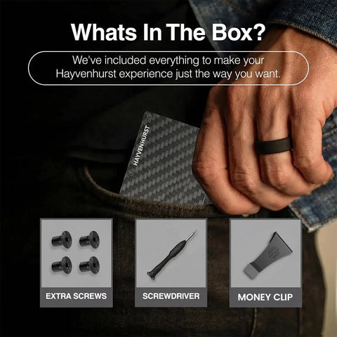 Man holding Slim RFID Blocking Metal Wallet For Men With Money Clip Minimalist Front Pocket Card Holder Ultra Compact Mens Wallet showing accessories like screws, screwdriver, and money clip.