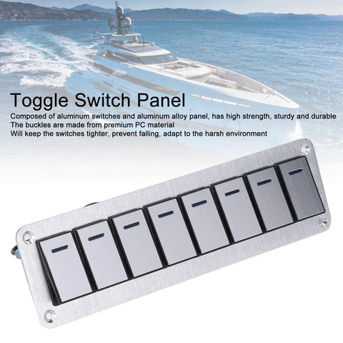 8 Gang Rocker Switch Panel With Blue LED Backlight And Voltmeter, Aluminum Alloy Prewired Toggle Switches in marine setting