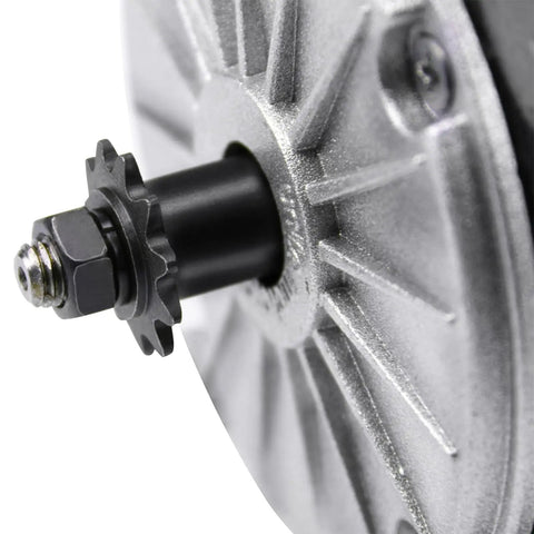Close-up of Rock Solid 36V 350W Brushed DC Electric Motor My1016 showing 11 tooth sprocket designed for scooters and e-bikes.