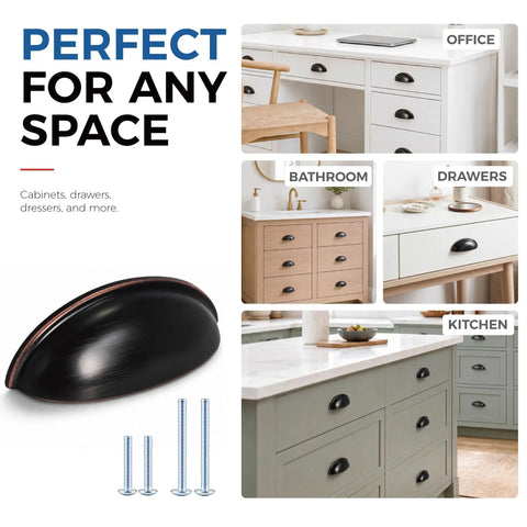 Slick Oil Rubbed Bronze Cup Pulls For Kitchen Cabinets And Drawers 3 Inch Hole Centers 15 Pack displayed with screws, ideal for kitchen and bathroom use.