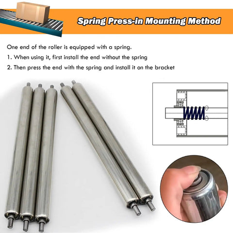Heavy Duty Conveyor Roller Tubes With Bearings For Warehouse And Factory Lines Grind Ready 2 Inch Diameter Half Inch Shaft shown with spring press-in mount