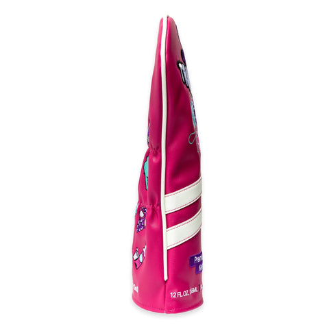 Side view of Premium Synthetic Leather Golf Head Cover For Woods And Drivers, pink with designs, Tour Quality Golf Accessories