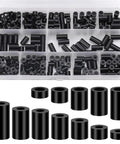 260 Piece Nylon Spacer Kit For Electrical Outlets And Switches M3 And M4 Round Spacers Heavy Duty Durable Screw Sleeves For Screws Bolts Receptacles And DIY Projects Insulated Protective Components, assorted black spacers in organizer box