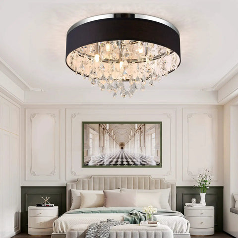 Flush Mount Ceiling Light Fixture 19.5 Inches Black Crystal Chandelier With Fabric Shade in elegant bedroom setting