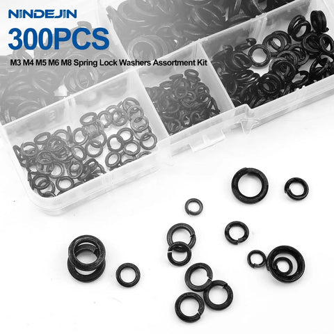 Heavy Duty Zinc Plated Carbon Steel Lock Washers Assortment Kit 300 PCS Split Spring Hardware for M3 M4 M5 M6 M8 in clear box.