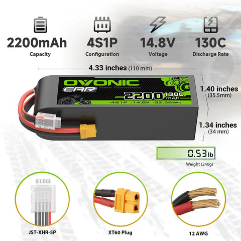 4S 2200mAh 14.8V 130C LiPo RC Battery With XT60 Connector Soft Case for cars drones boats and planes, label details visible