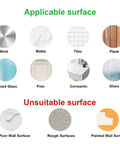 Chart showing applicable and unsuitable surfaces for Self-Adhesive Rust-Resistant Stainless Steel Coat Hooks in bathrooms.