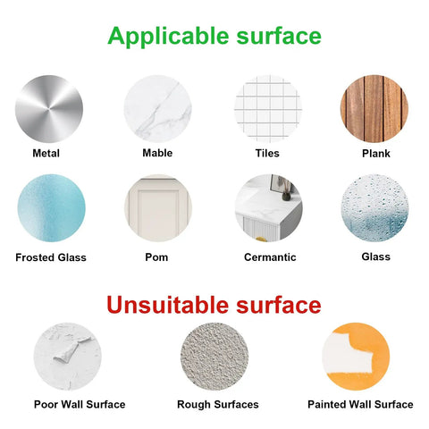 Chart showing applicable and unsuitable surfaces for Self-Adhesive Rust-Resistant Stainless Steel Coat Hooks in bathrooms.