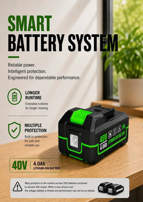 40V 16 Inch Cordless Electric Lawn Mower With 4.0Ah Battery, Lightweight Green Yard Machine For Effortless Mowing, No Gas Or Cords, Easy Start, Quiet Power, Durable Deck, Ideal For Small To Medium Lawns, Easy Storage battery pack on table