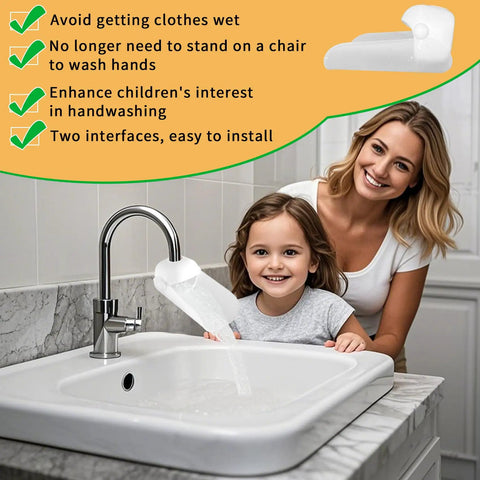 Universal Faucet Extender For Bathroom Sink And Kitchen Tap With Soft Spray Aerated Nozzle and Anti Splash Guard in use near a child.