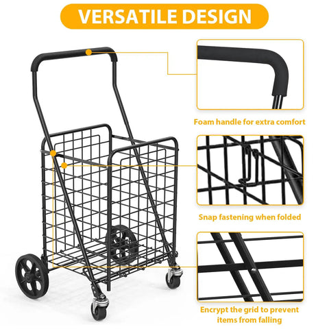 Go-To Grocery Cart With 360 Degree Swivel Front Wheels And 100 Lb Capacity, features foam handle and snap fastening, black