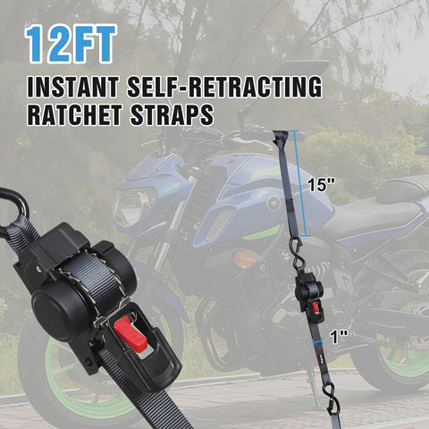 Retractable Ratchet Straps 12Ft Auto Rewind Cargo Tie Down Straps Self Ratcheting For Motorcycle, Truck, Boat Quick Securement