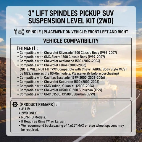 3 Inch Lift Suspension Kit With Spindles And Knuckles For 1999 To 2007 Silverado 1500 Tahoe Suburban compatibility chart