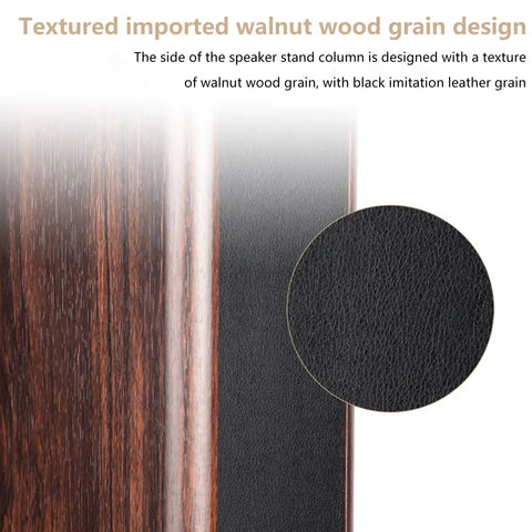 Close-up of wood grain and leather texture on 12 Inch Tall Wood Speaker Stands Set Of 2 for Home Theater HiFi Desktop Speakers