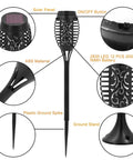 4 Pack Solar Tiki Torch Lights With Flickering Flame IP65 Waterproof Outdoor Solar Powered Pathway Garden Yard Patio Porch Decor For Halloween And Year Round Vibe, featuring components like solar panel, ABS material, and ground spike.
