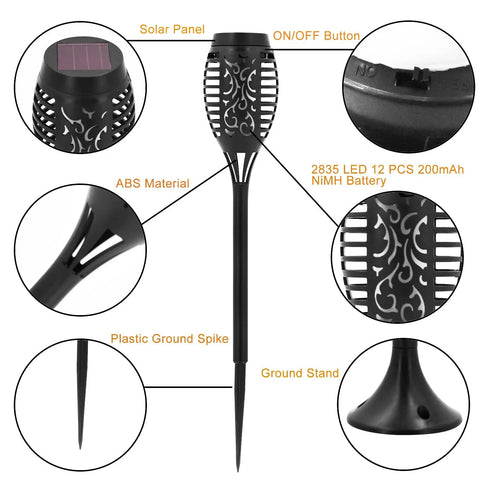 4 Pack Solar Tiki Torch Lights With Flickering Flame IP65 Waterproof Outdoor Solar Powered Pathway Garden Yard Patio Porch Decor For Halloween And Year Round Vibe, featuring components like solar panel, ABS material, and ground spike.