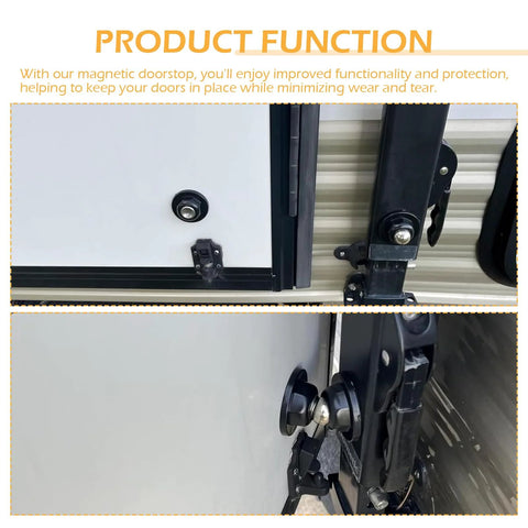 RV Magnet Door Holder Self-Adhesive Anti-Collision Silent Buffer Stopper attached to trailer door, black, compact 2x2 inch size.