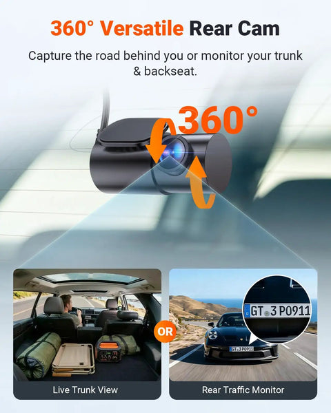 360° view of Beast 4K Front, 2.5K Interior, 1080P Rear Dash Cam With Triple STARVIS 2 Sensors showing versatile rear cam features