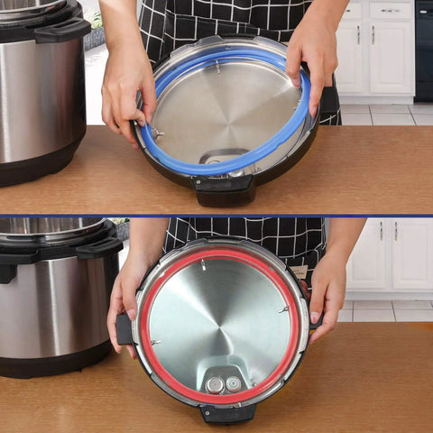 Hands holding tempered glass lid and silicone cover for Instant Pot 6 quart set of 4 accessories with sealing rings visible
