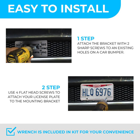 Jeep Front Bumper License Plate Bracket Kit for 2000 to 2026 Jeeps with installation steps, screws, and wrench shown.