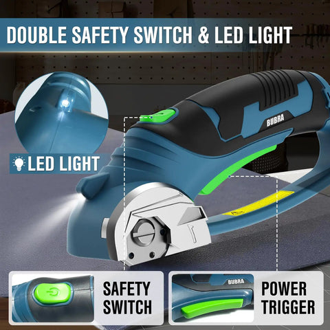 Cordless Electric Scissors For Cardboard Cutting With 4 SK5 Blades Beefy Heavy Duty Box Cutter And Fabric Cutter For Quick Smooth Cuts On Packaging Boxes DIY Projects And Crafting, blue tool with LED light and safety switch
