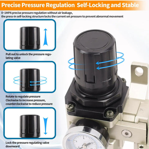 Close-up of Three Quarter Inch NPT Pro Grade Three Stage Air Dryer System pressure regulating valve for precise control.