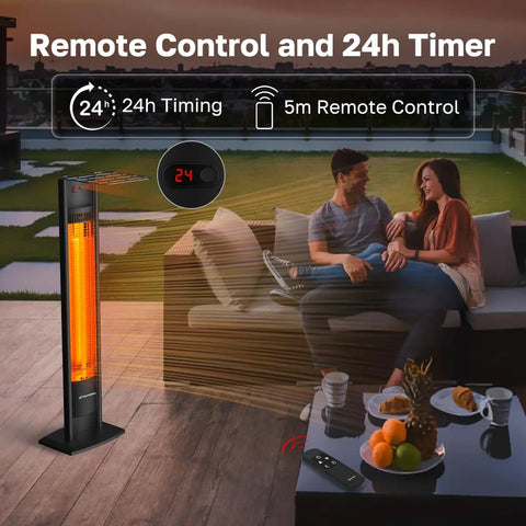 1500W Infrared Patio Tower Heater With Remote, Timer, Tip Over Auto Shutoff, IP55 Outdoor Indoor Rated next to seating area